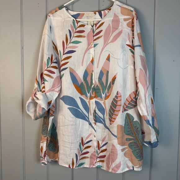 Cynthia Rowley 1X Plus 100% Linen Tropical Floral Print Button Front Tunic Top - Picture 1 of 12